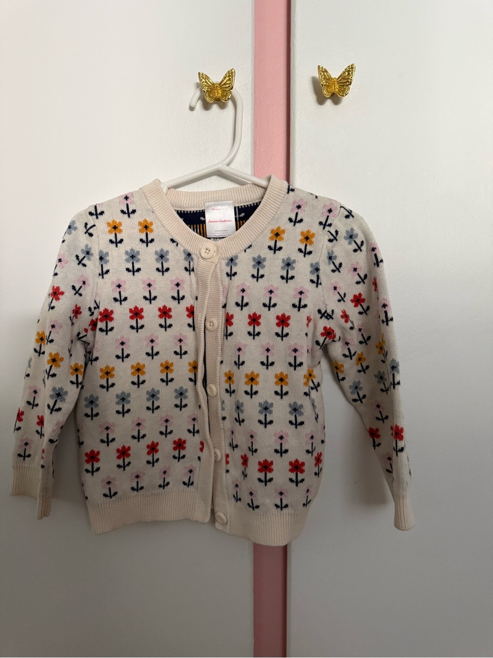 Hanna Andersson Cream Knit Cardigan with Red, Yellow, Blue & Pink Flowers